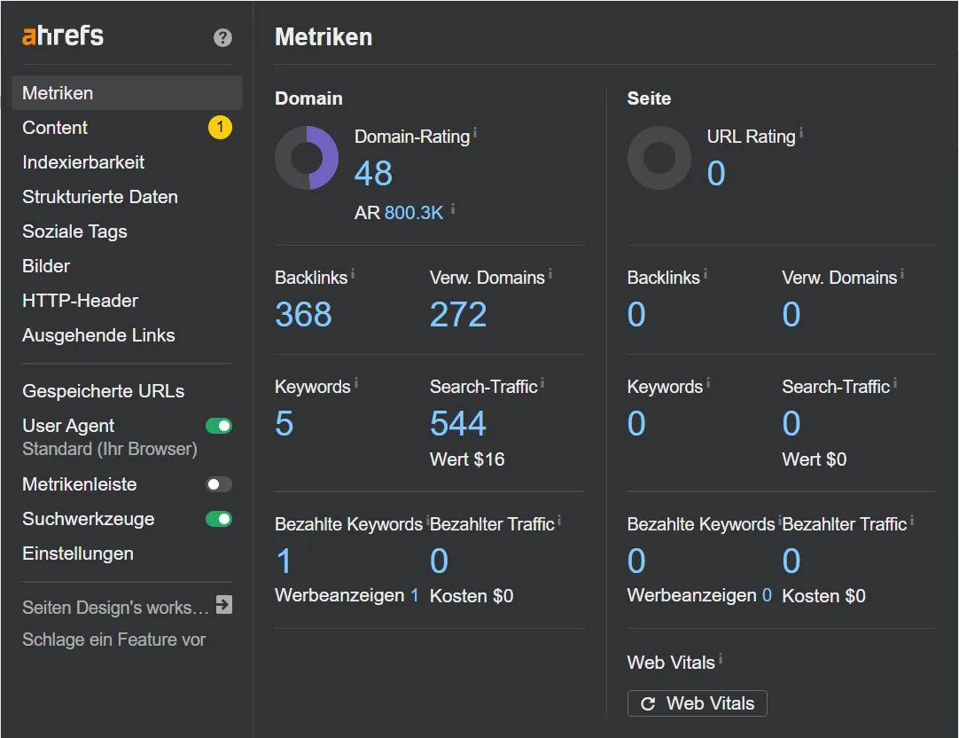 Die Ahrefs SEO Toolbar zeigt im Browser die wichtigsten SEO-Daten einer Webseite auf einen Klick