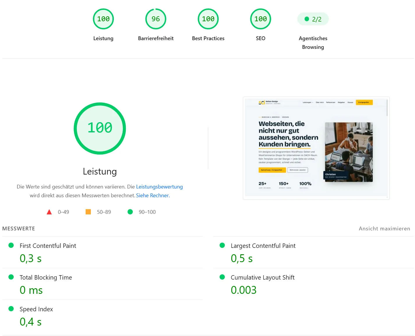 Sehr gute PageSpeed-Werte einer mit Astro gebauten Webseite bei Google PageSpeed Insights