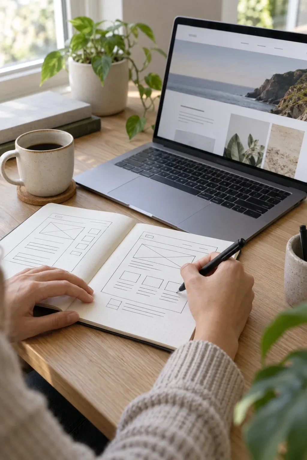 Hände skizzieren ein Webseiten-Layout in einem Notizbuch neben einem Laptop