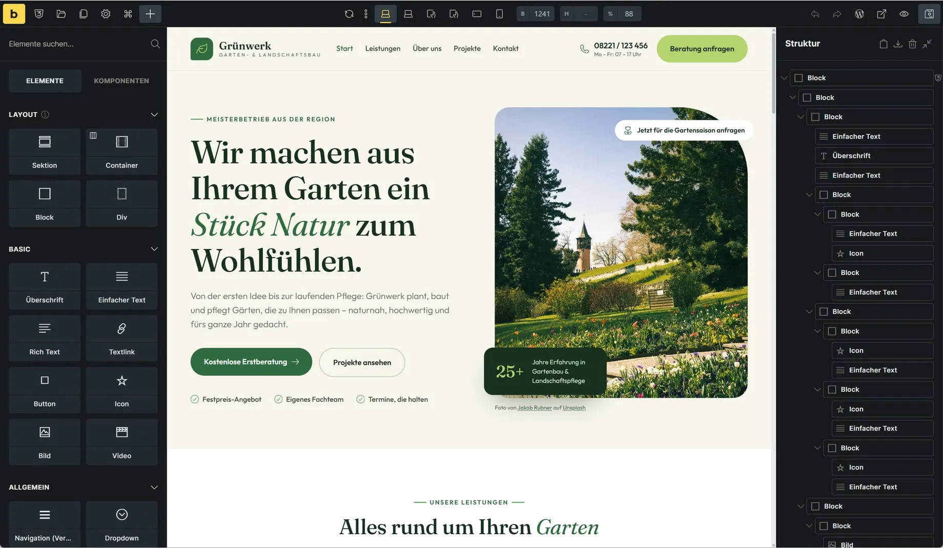 Der Bricks-Builder im WordPress-Backend: links die Bausteine, in der Mitte die Webseite einer Gartenbau-Firma, rechts der Strukturbaum mit den verschachtelten Blöcken