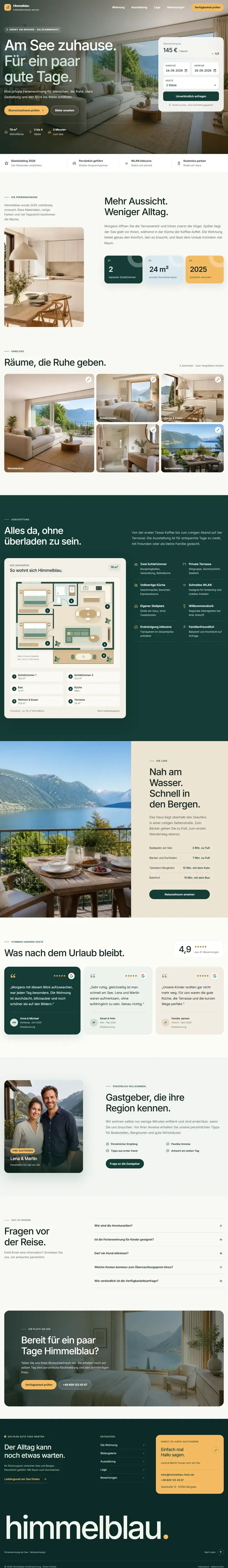 Komplette Startseite der Ferienwohnungs-Demo: Kopfbereich mit Seeblick und Anfragekarte, Leiste mit Kurzangaben, Vorstellung der Wohnung, Bildergalerie der Räume, Ausstattung, Lage zwischen See und Bergen, Gästestimmen, die Gastgeber, Fragen vor der Reise und der Anfragebereich