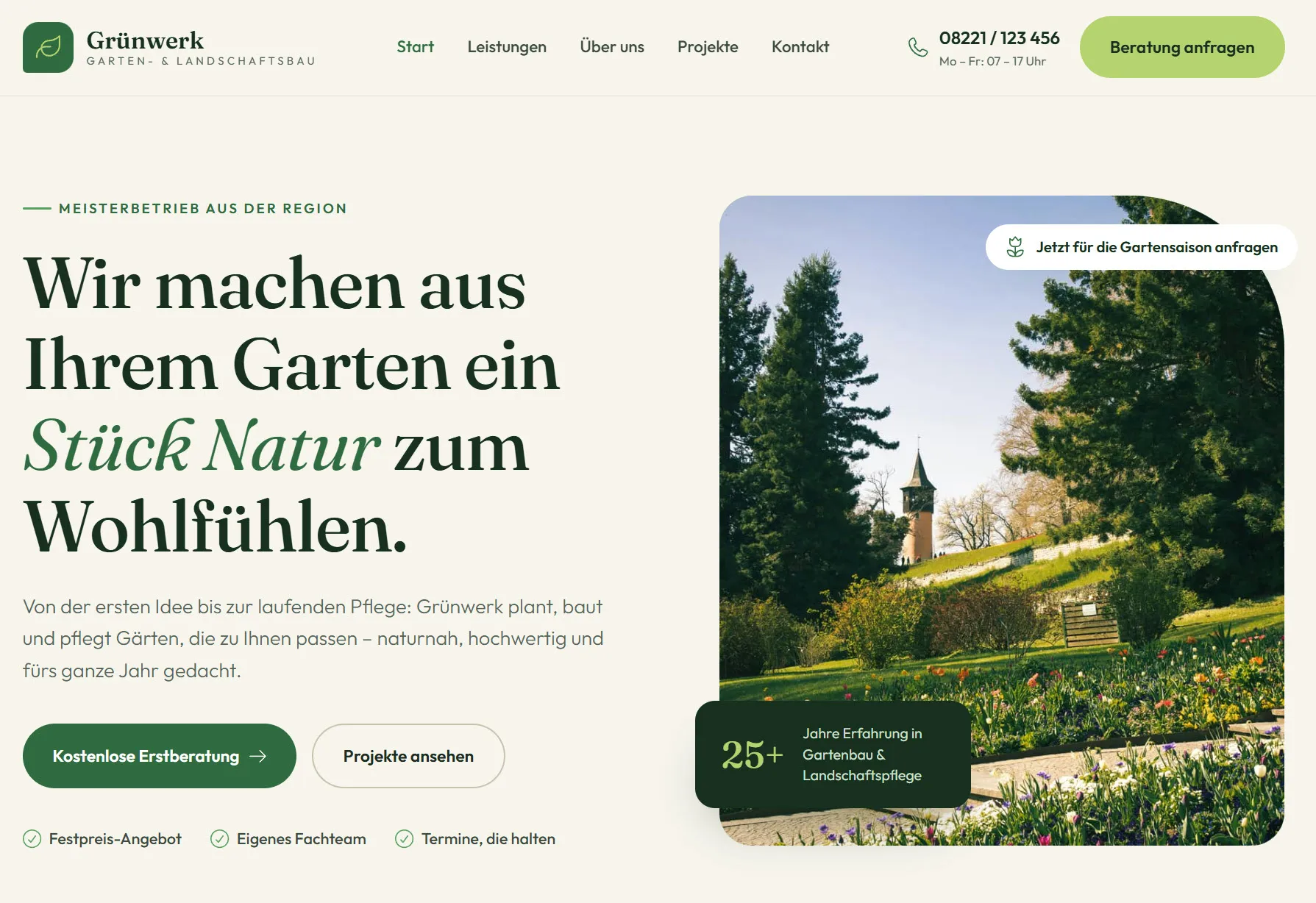 Vorschau der Demo-Webseite für einen Gartenbaubetrieb