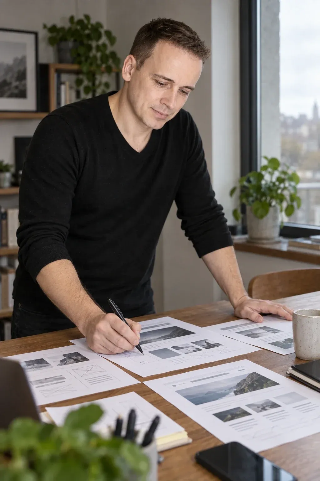 Christian Galster markiert ausgedruckte Webseiten-Layouts an einem Holztisch