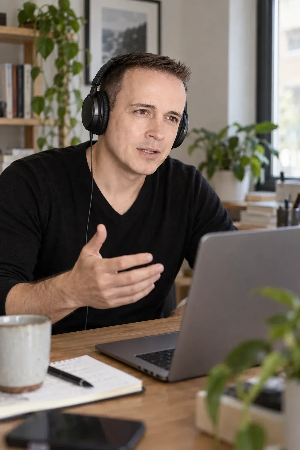 Christian Galster in einer Videokonferenz mit Headset an seinem Schreibtisch