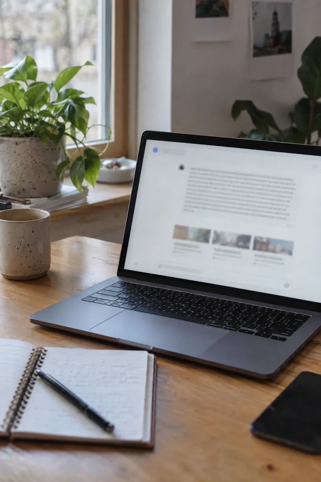 Laptop mit einer KI-Antwort und Quellenkarten auf dem Bildschirm