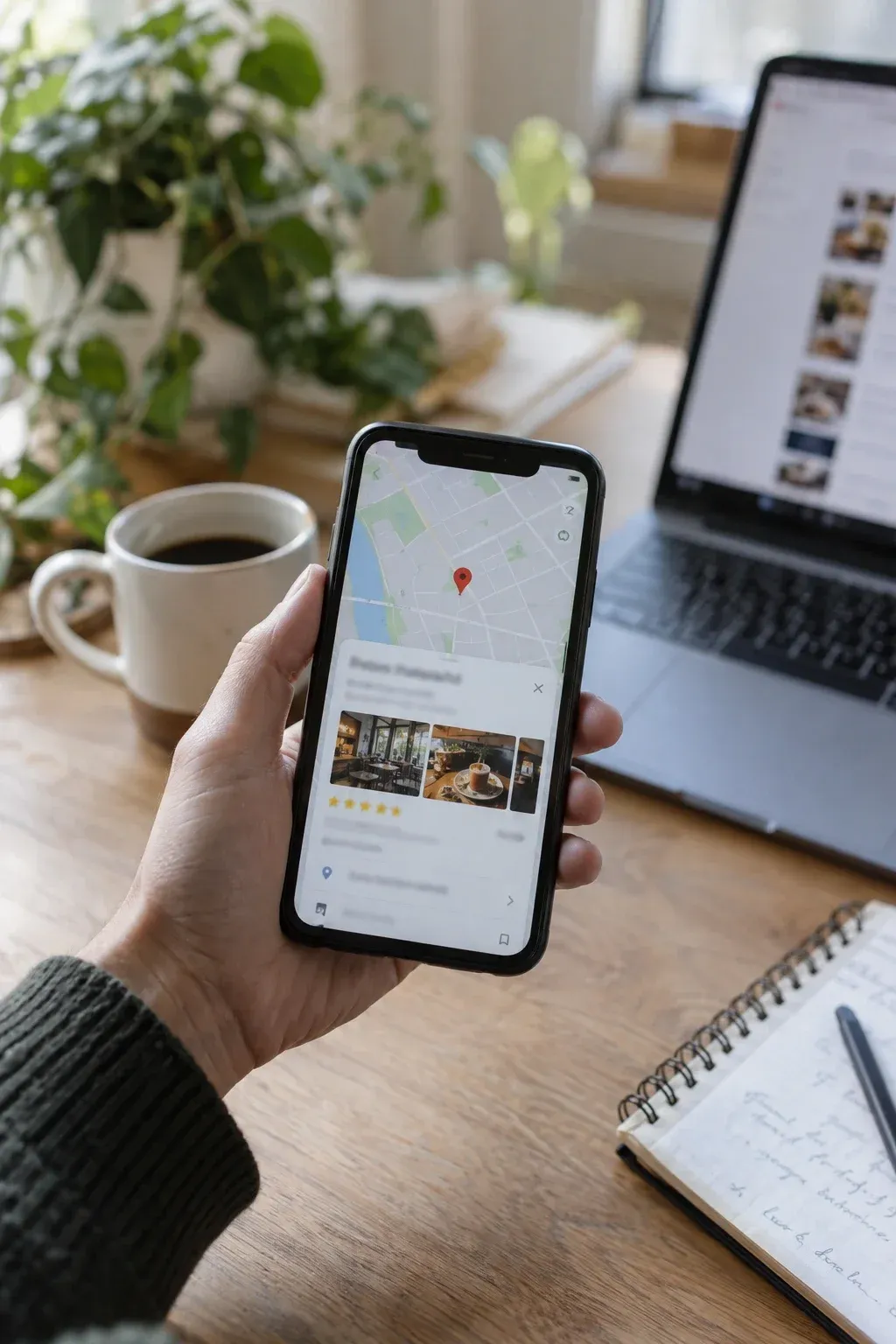 Smartphone mit Kartenansicht und Unternehmensprofil in der Hand
