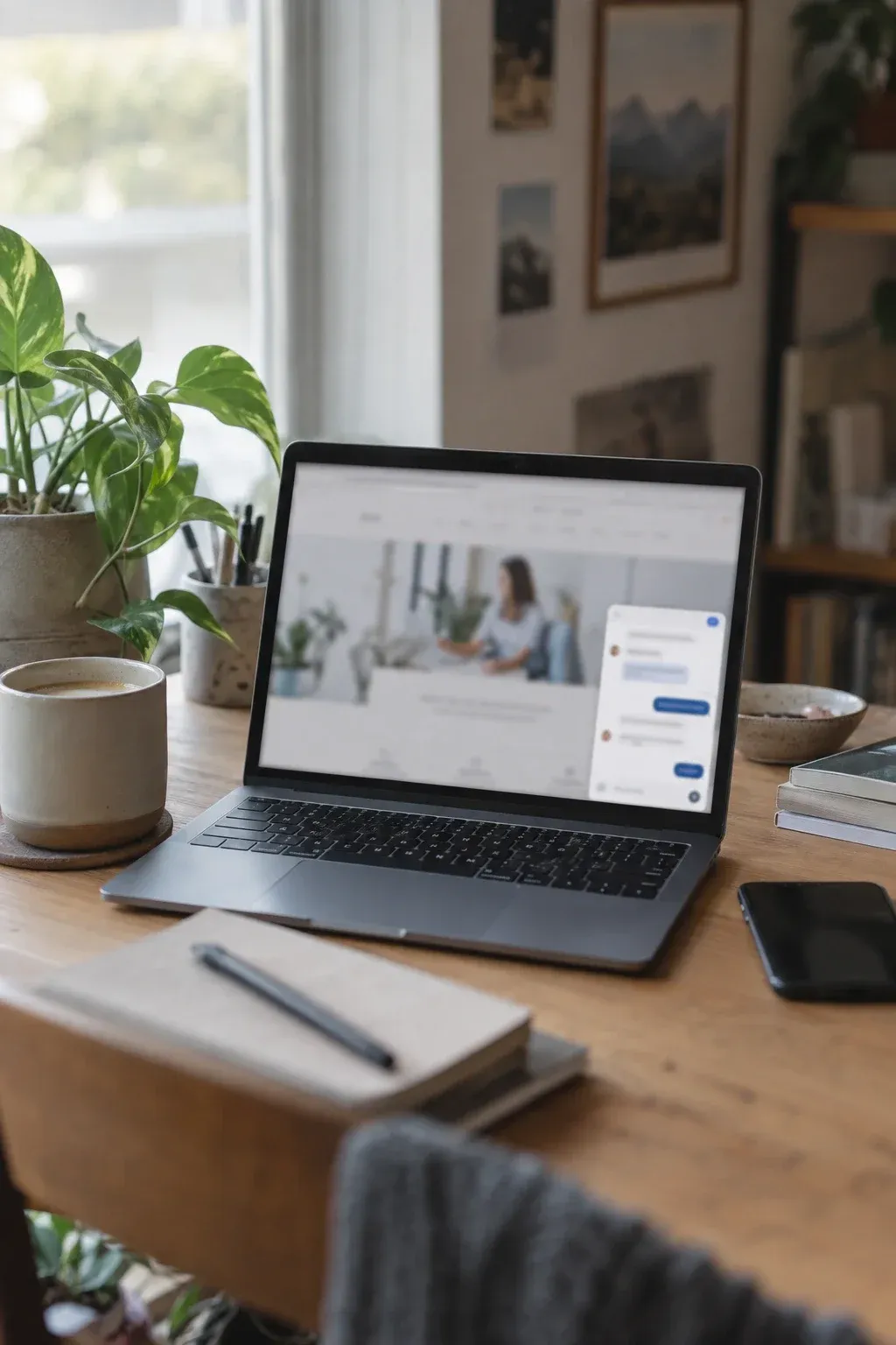 Laptop mit einer Firmenwebseite und geöffnetem Chatfenster