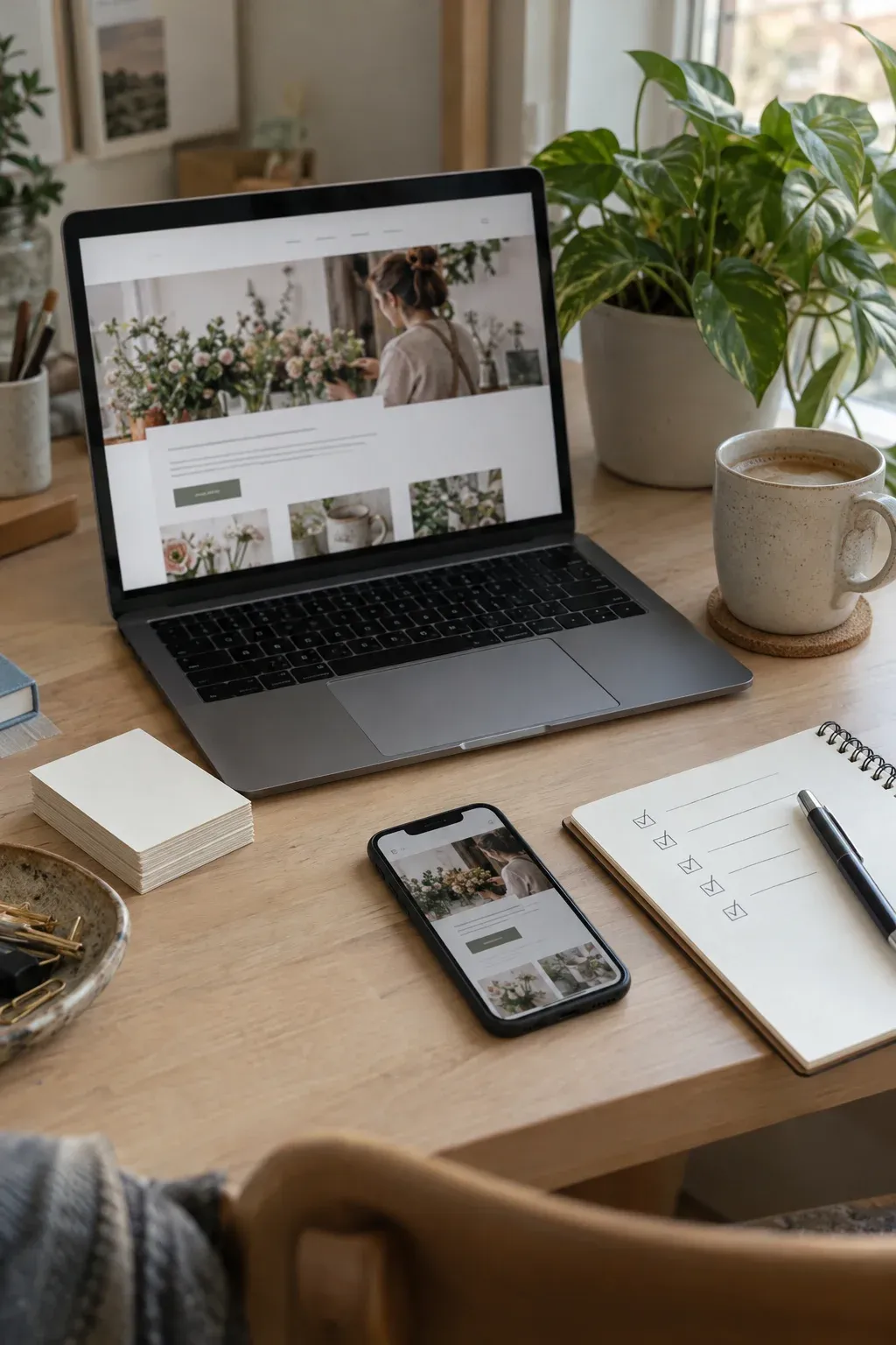 Laptop und Smartphone mit derselben Firmenwebseite auf einem Holztisch, daneben Visitenkarten und eine abgehakte Liste