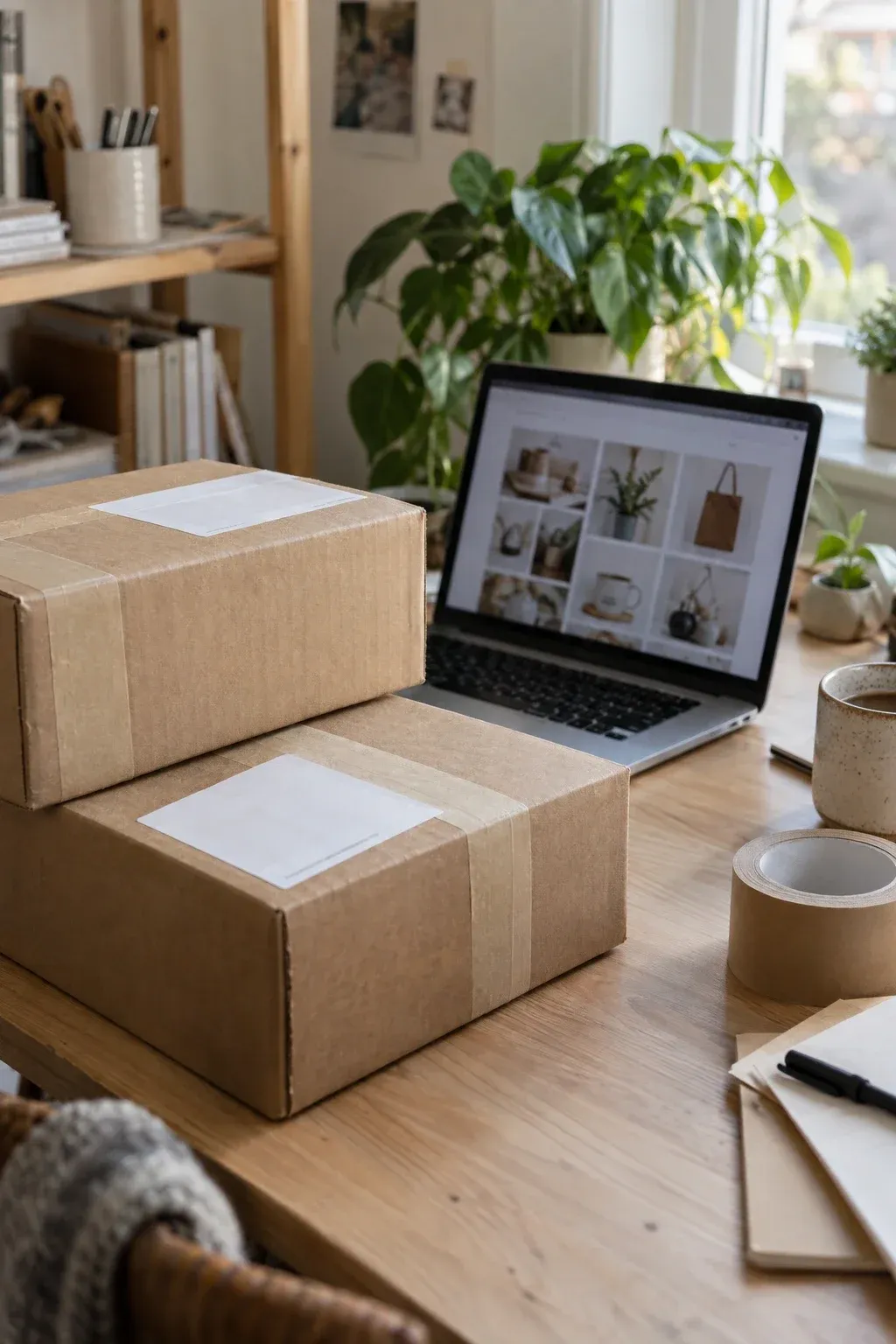Verpackte Pakete neben einem Laptop mit geöffnetem Onlineshop