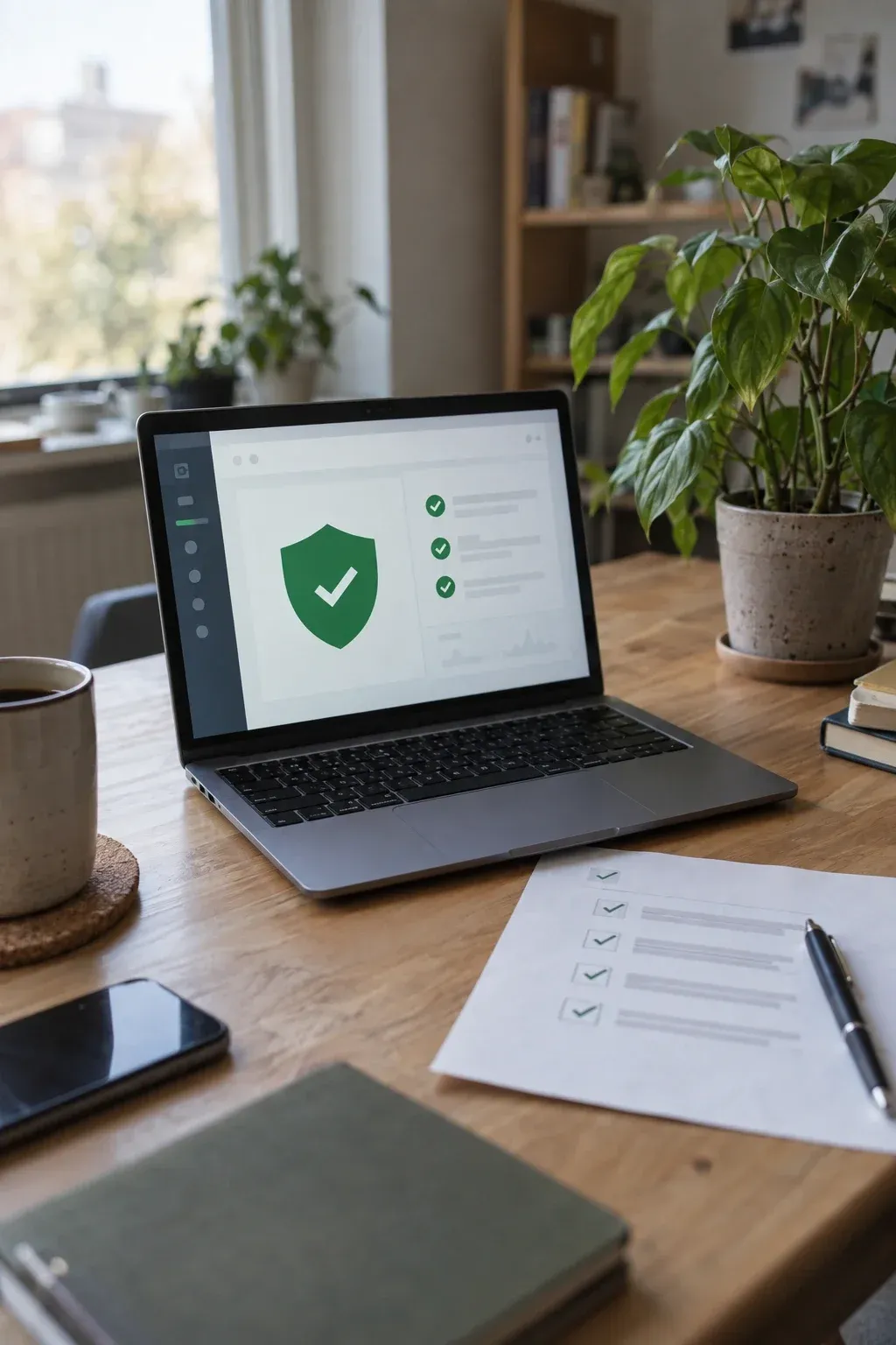 Laptop mit einer Sicherheitsübersicht und einem grünen Schild-Symbol