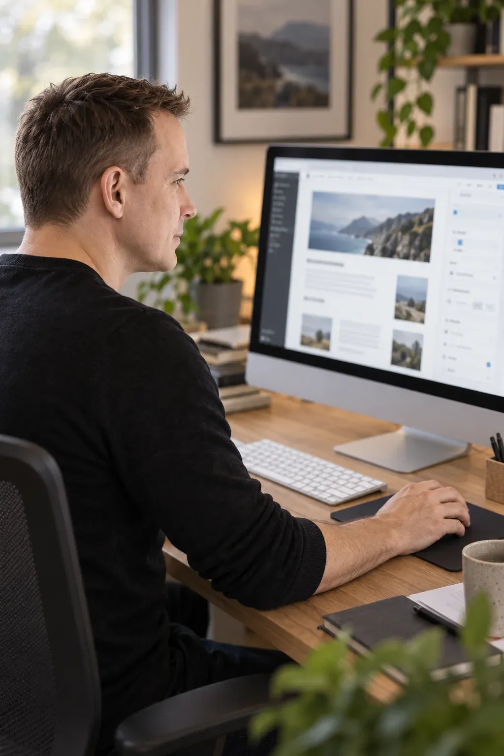 Christian Galster bearbeitet am Monitor eine WordPress-Seite im Editor