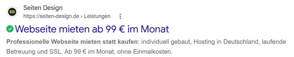 Ein Google-Suchergebnis: oben der Meta-Title als blaue, anklickbare Überschrift, darunter die Meta-Description als Beschreibungstext