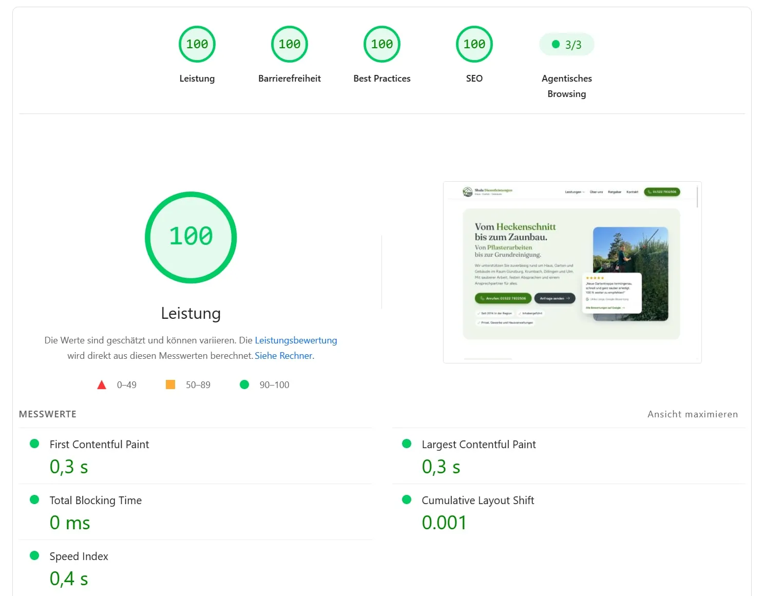 Ergebnis von PageSpeed Insights für shala-dienstleistung.de: jeweils 100 Punkte für Leistung, Barrierefreiheit, Best Practices und SEO, darunter die Messwerte First Contentful Paint 0,3 s, Largest Contentful Paint 0,3 s, Total Blocking Time 0 ms, Cumulative Layout Shift 0,001 und Speed Index 0,4 s