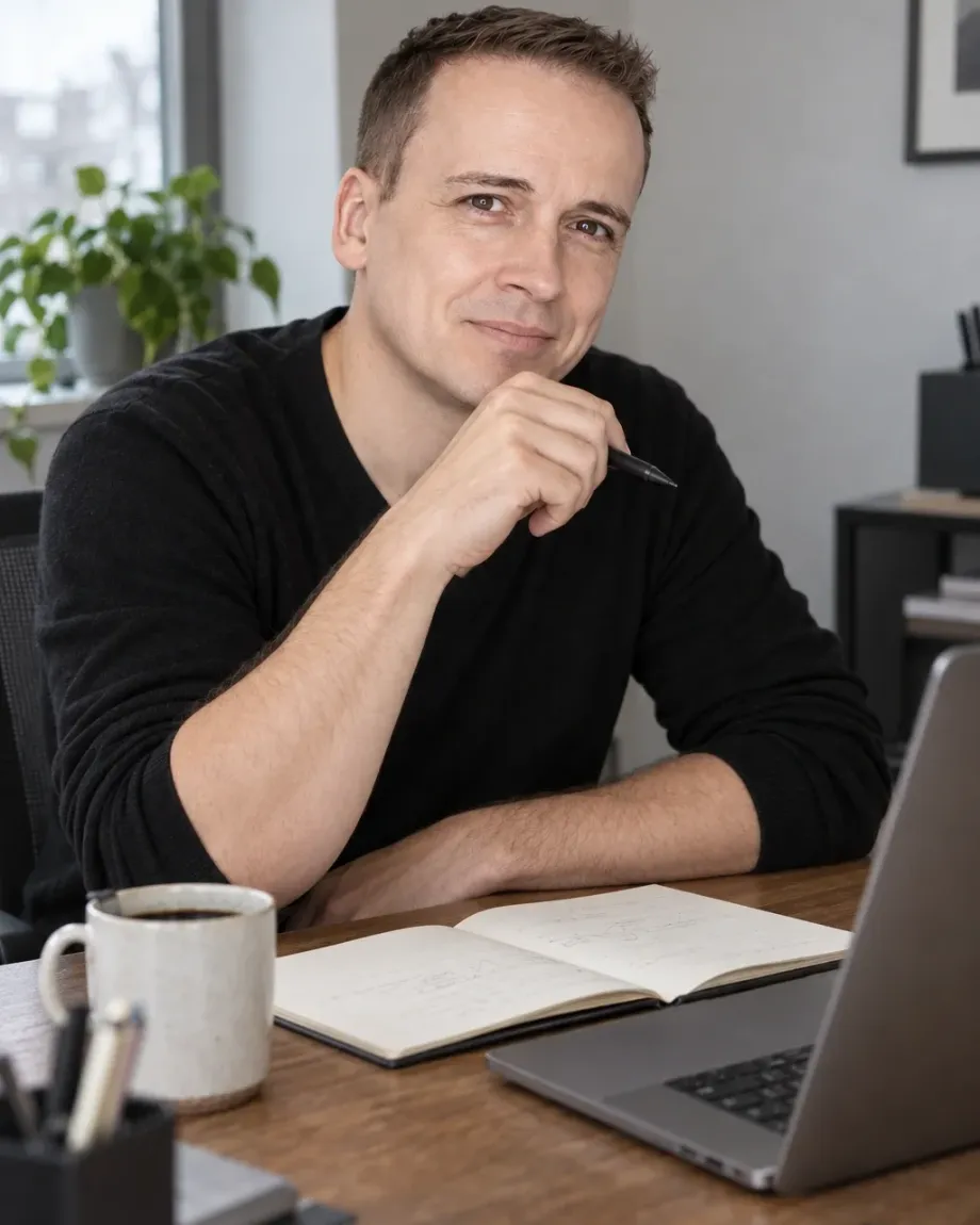 Christian Galster, Webdesigner aus Günzburg, am Schreibtisch mit Laptop und Skizzenbuch
