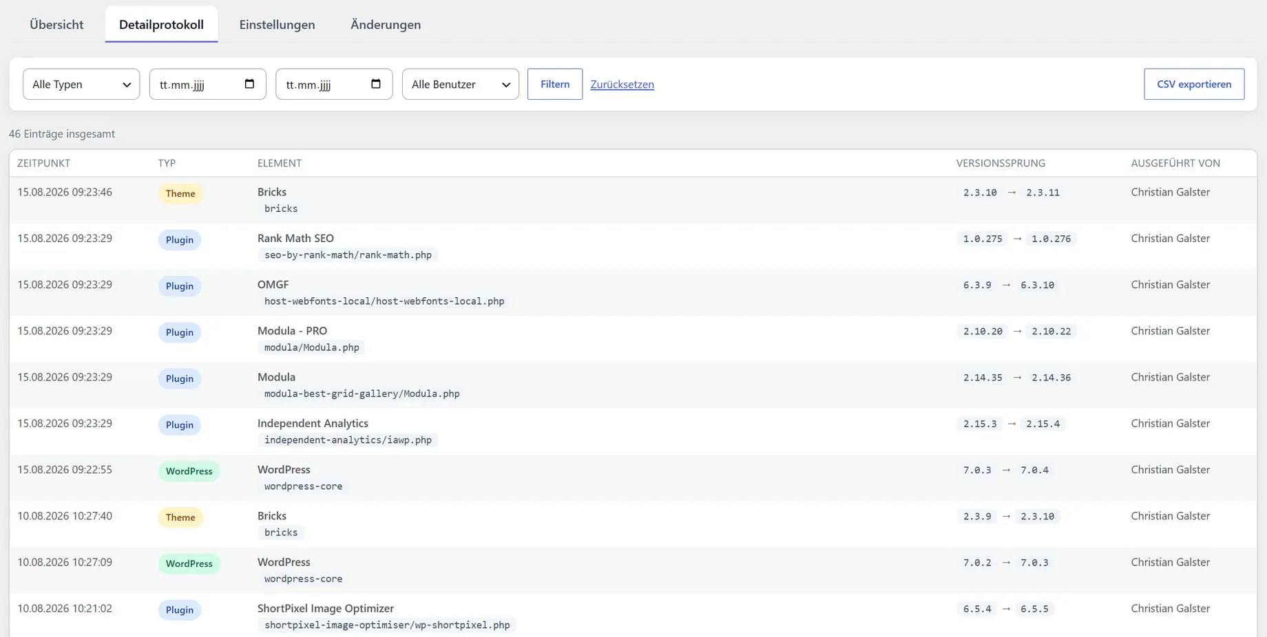 Screenshot des selbst entwickelten Wartungs-Protokolls mit Datum, Uhrzeit und Bearbeiter je Update