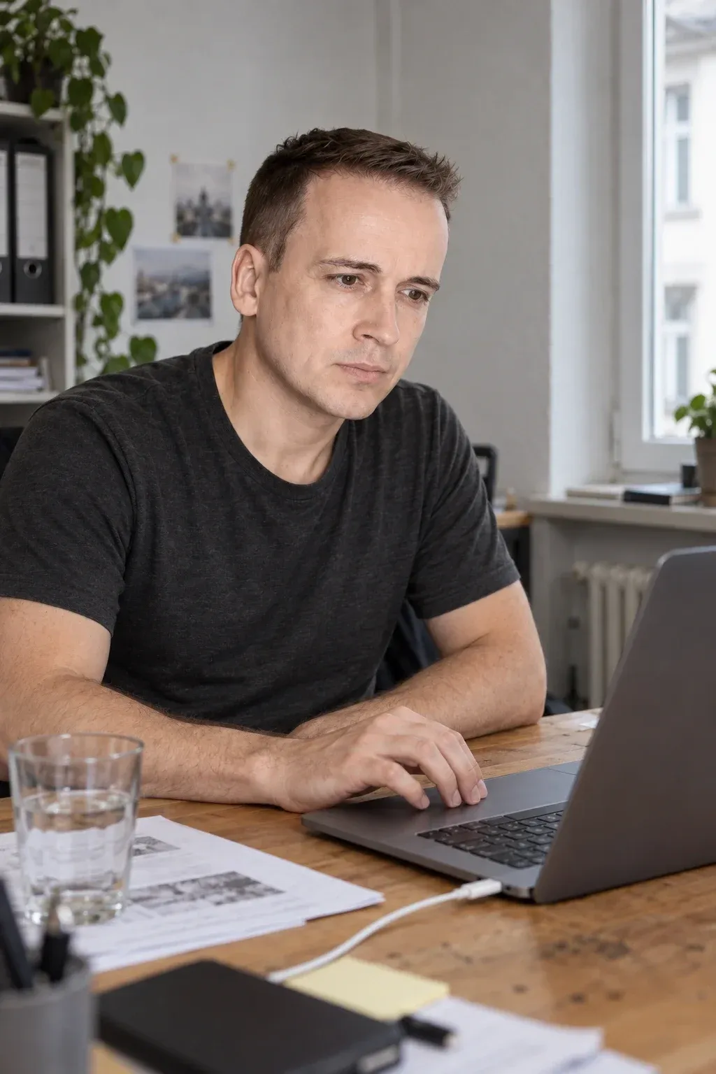 Christian Galster arbeitet konzentriert am Laptop an einer WordPress-Webseite