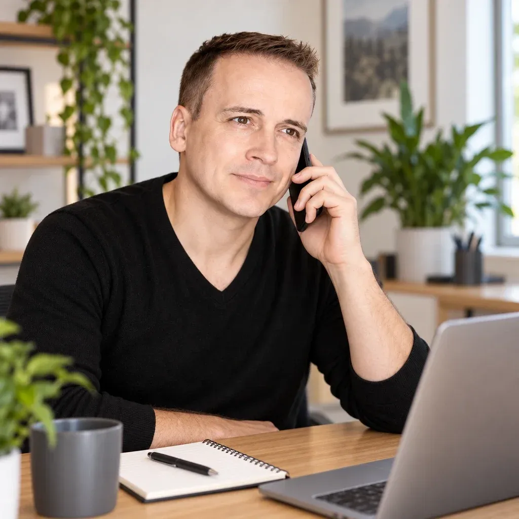 Christian Galster telefoniert an seinem Schreibtisch und macht sich Notizen