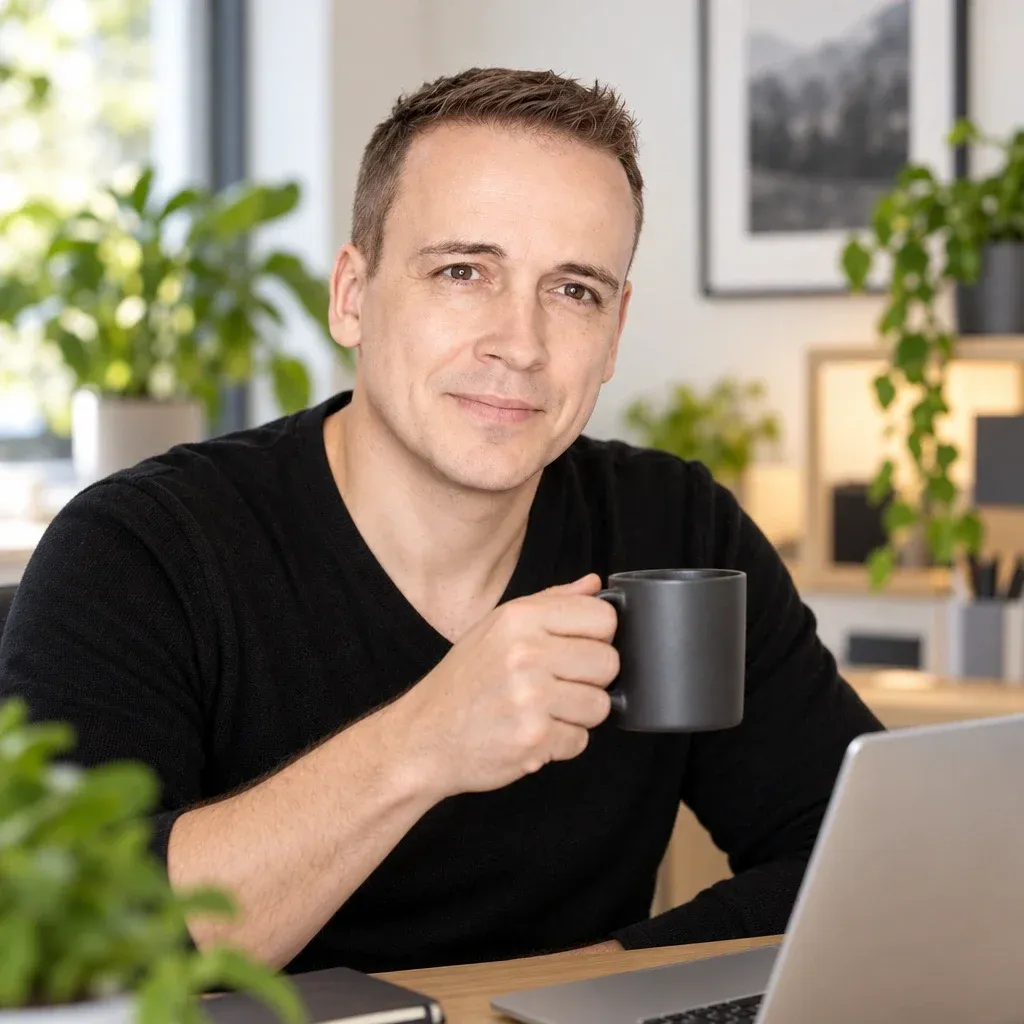 Christian Galster mit einer Tasse Kaffee an seinem Schreibtisch