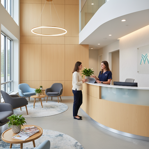 Professional, warm, and modern medical clinic reception area. A friendly female receptionist in a professional uniform is welcoming and checking in a female patient.