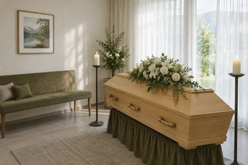 Abschiedsraum mit geschlossenem hellen Holzsarg, weißen Blumen und Kerzenständern
