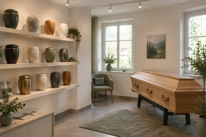 Ausstellungsraum mit Urnen auf hellen Regalen und einem Holzsarg