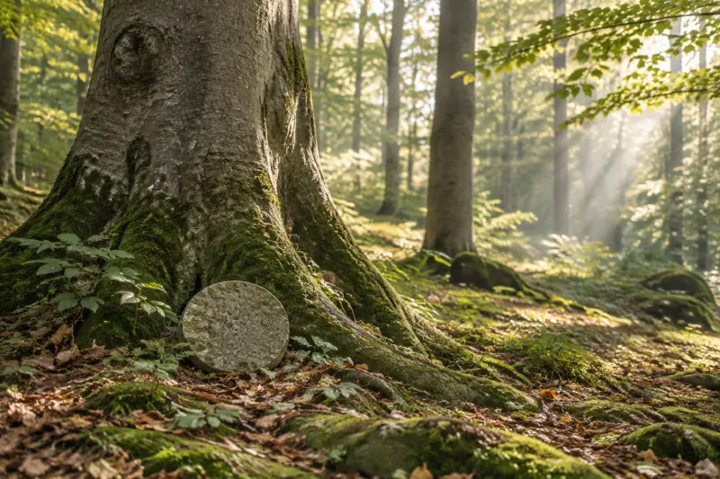 Kleiner Gedenkstein am Fuß einer alten Buche im sonnigen Wald