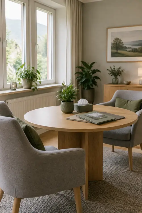 Beratungszimmer mit rundem Holztisch, zwei Sesseln und einer Pflanze