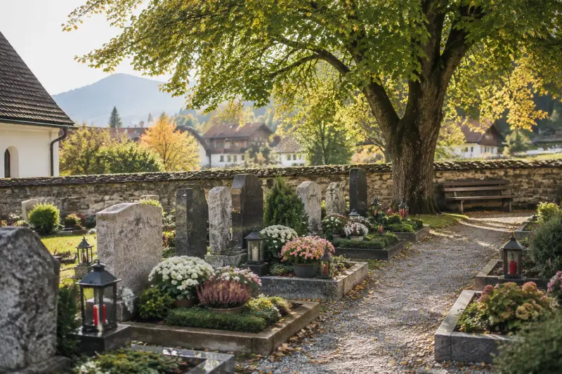 Dorffriedhof mit Steinmauer und gepflegten Gräbern im Herbstlicht