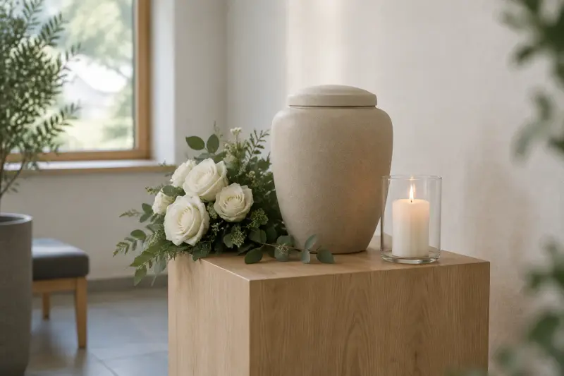 Schlichte Keramikurne auf einem Holzsockel neben weißen Rosen und einer Kerze