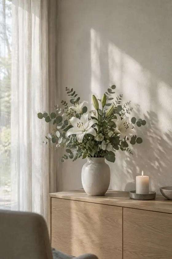 Weiße Lilien in einer Vase auf einem hellen Holzschrank, daneben eine brennende Kerze