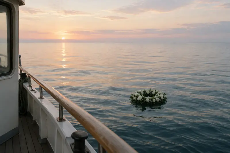 Kranz aus weißen Blumen auf ruhiger See im Morgenlicht