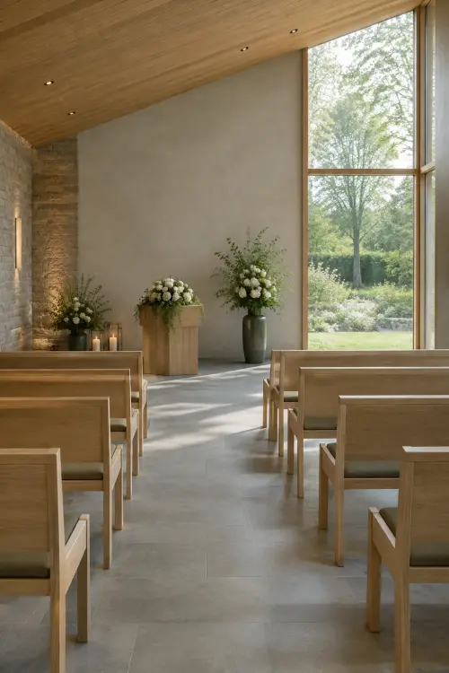 Trauerhalle mit Holzdecke, Bänken und großem Fenster zum Garten