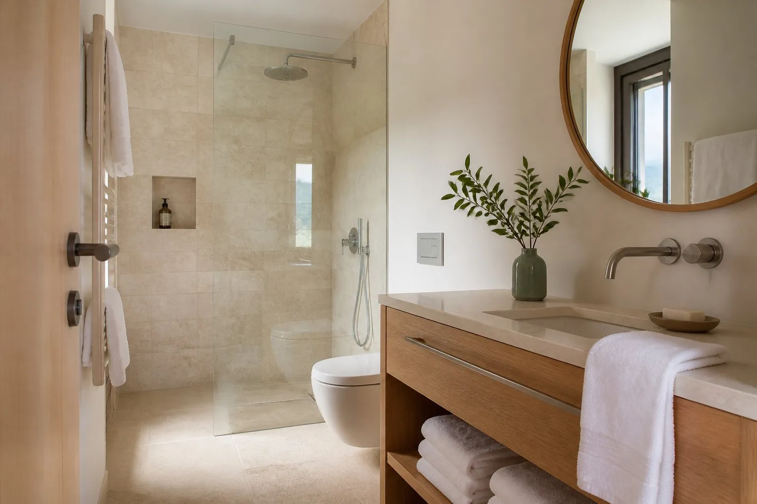 Helles Bad mit Naturstein und bodengleicher Dusche