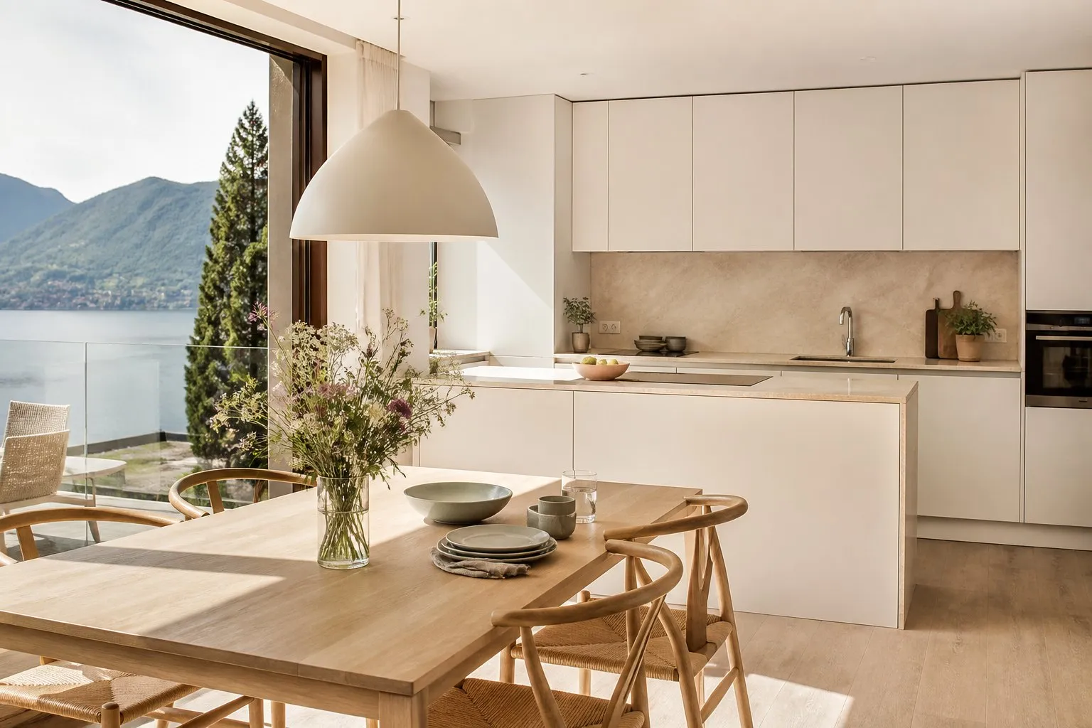 Offene Küche und Essbereich der Ferienwohnung Himmelblau