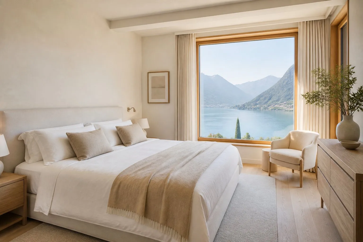 Schlafzimmer der Ferienwohnung mit Aussicht auf den See