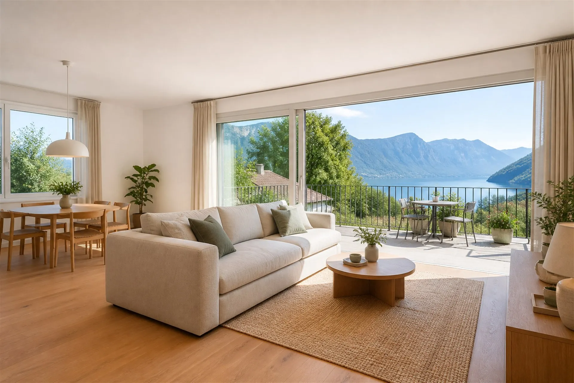 Heller Wohnbereich der Ferienwohnung Himmelblau mit Terrasse und Seeblick