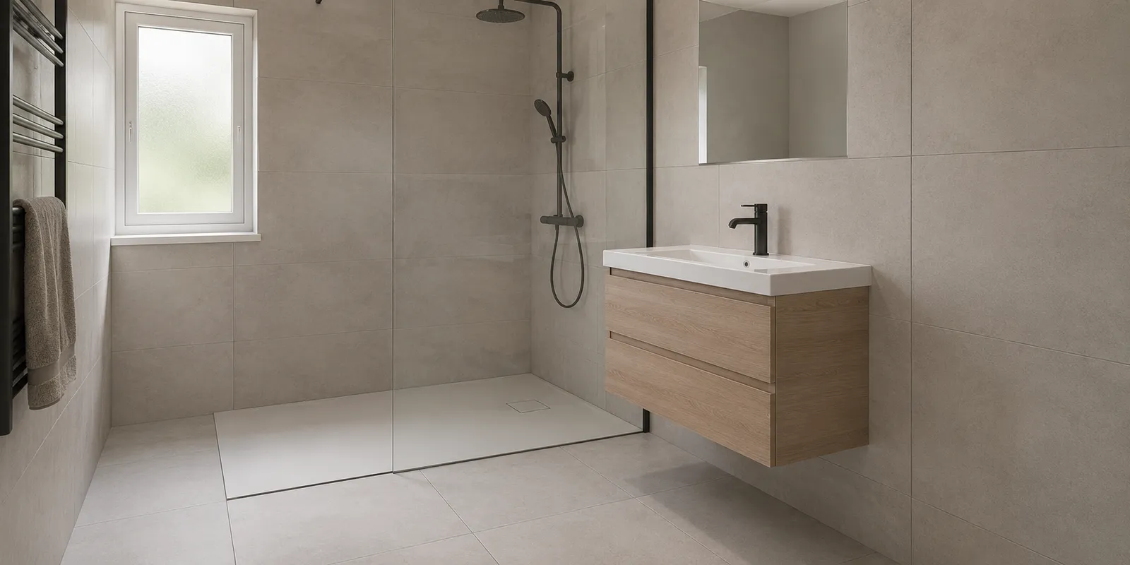 Fertig saniertes Badezimmer mit bodengleicher Dusche