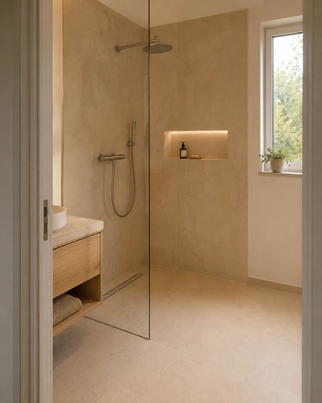 Badezimmer mit Walk-in-Dusche nach der Sanierung